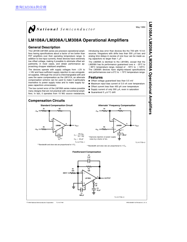 National Semiconductor LM108A LM208A LM308A Operational Amplifiers Data Sheets and Manuals - Page 1