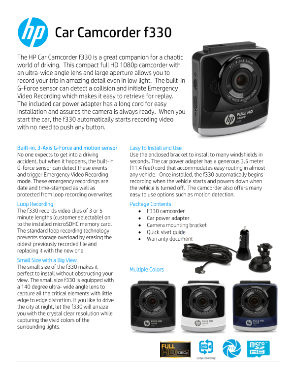 HP f330 Car Camcorder Product Specifications - Page 1