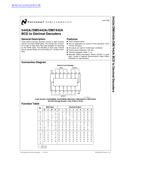 National Semiconductor 5442A DM5442A DM7442A Data Sheet - Page 1