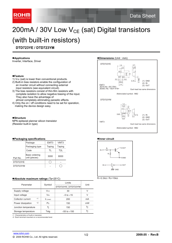 ROHM DTD723YE DTD723YM Data Sheet - Page 1