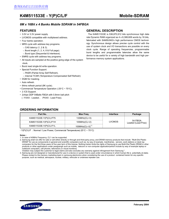 Samsung K4M511533E - Y(П)C L F Data Handbook - Page 1