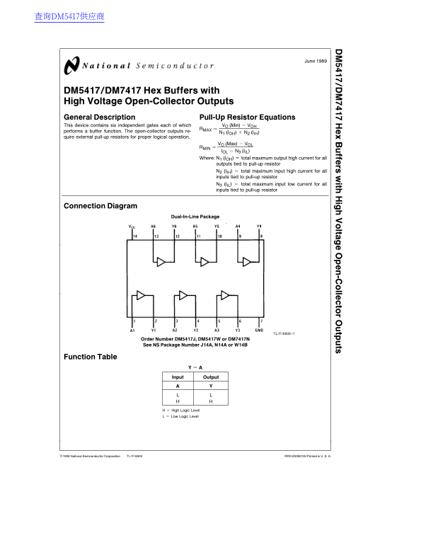 National Semiconductor DM5417 DM7417 Hex Buffers with High Voltage Open-Collector Outputs - Page 1