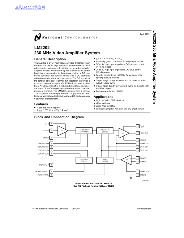 National Semiconductor LM2202 230 MHz Video Amplifier System Data Sheet - Page 1