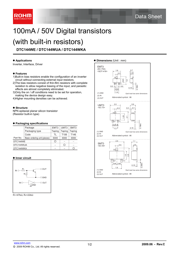 ROHM DTC144WE Data Sheet - Page 1