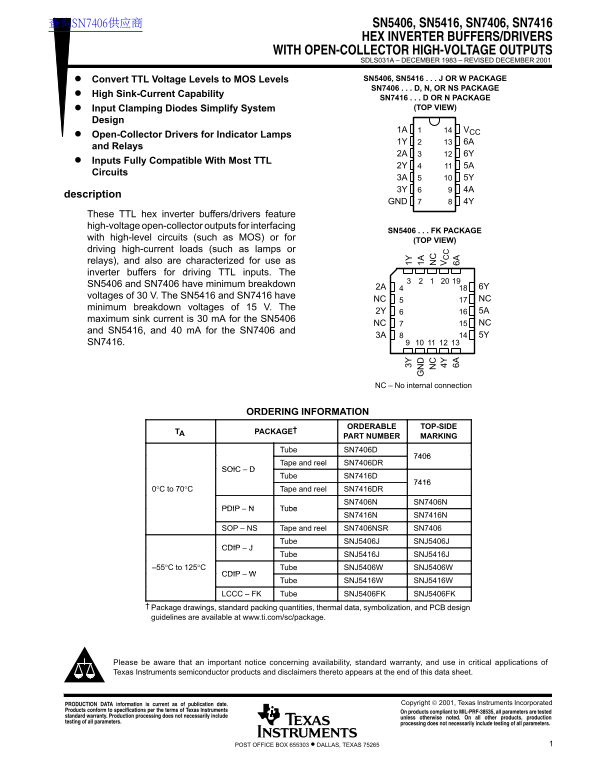 Texas Instruments SN5406, SN5416, SN7406, SN7416 Hex Inverter Buffers Drivers with Open-Collector High-Voltage Outputs Data Manual - Page 1