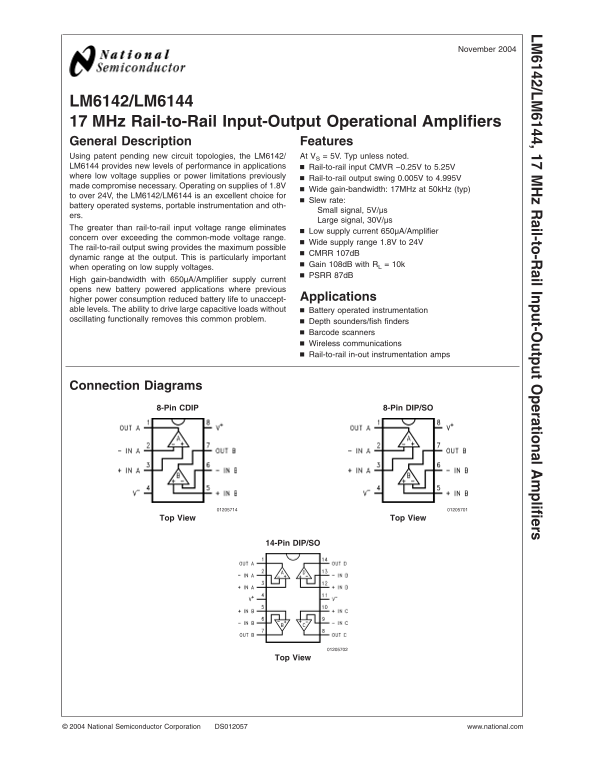 National Semiconductor LM6142 LM6144 17 MHz Rail-to-Rail Input-Output Operational Amplifiers Data Sheet Owner's Manual - Page 1