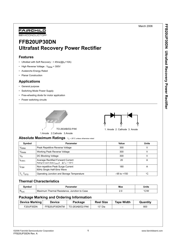 Fairchild FFB20UP30DN Ultrafast Recovery Power Rectifier Data Manual - Page 1