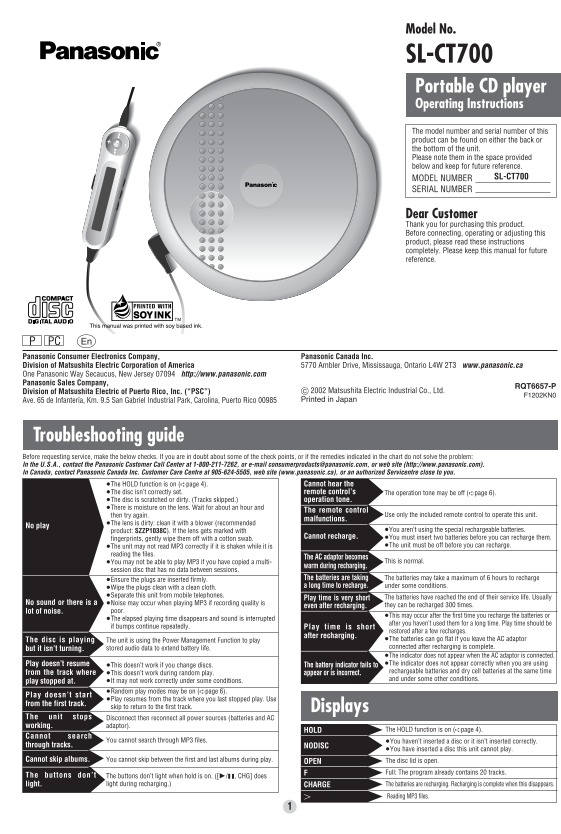 Panasonic SL-CT700 User Guide - Page 1