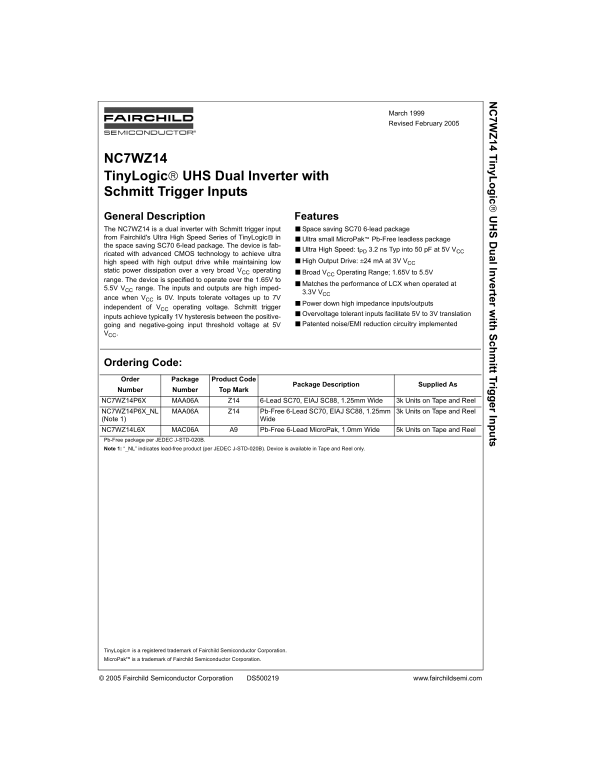 Fairchild NC7WZ14 Product Specifications Manual - Page 1