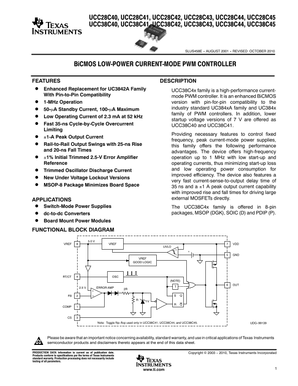 Data Manual for Texas Instruments UCC28C40, UCC28C41, UCC28C42, UCC28C43, UCC28C44, UCC28C45 - Page 1