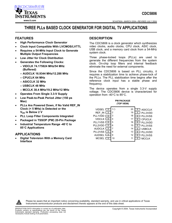 Texas Instruments CDC5806 Data Sheet - Page 1