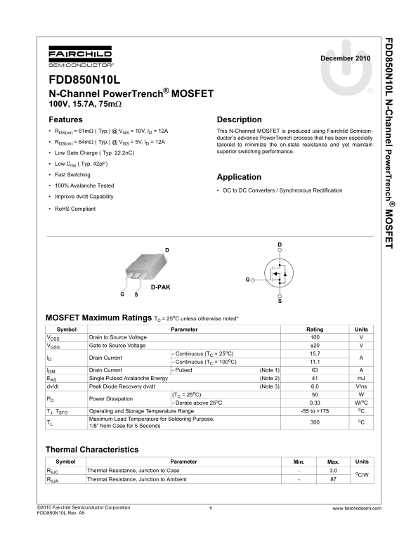 Fairchild FDD850N10L User Guide - Page 1