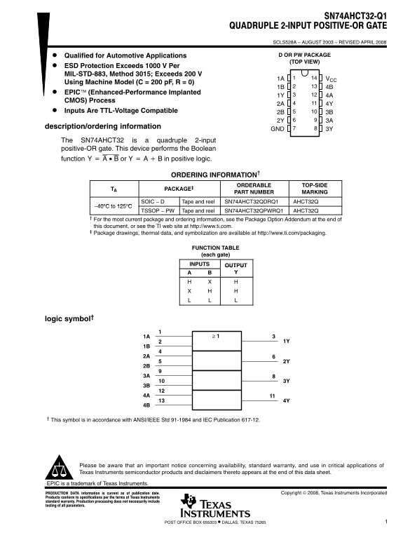Texas Instruments SN74AHCT32-Q1 Data Sheet - Page 1