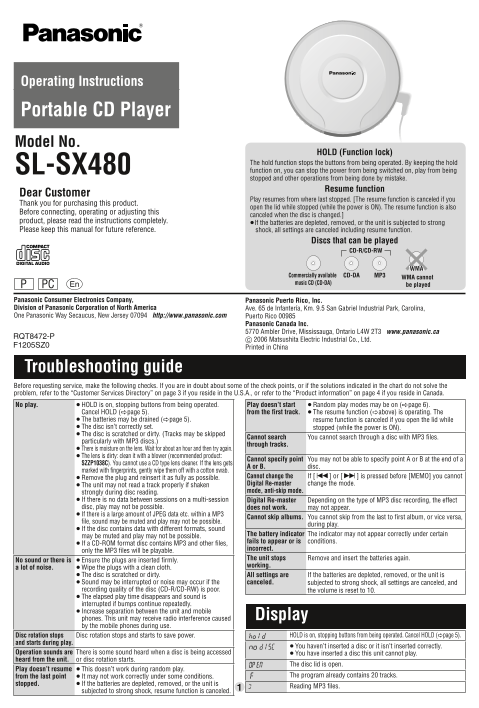 Panasonic SL- SX480 User Manual - Page 1