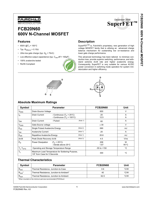 Fairchild FCB20N60 User's Manual - Page 1