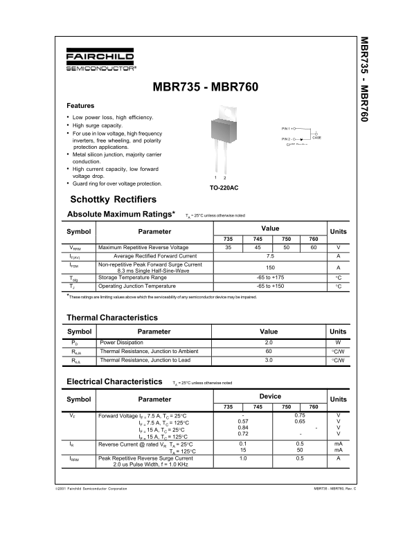 Fairchild MBR735/MBR745/MBR750/MBR760 Schottky Rectifiers Data Manual - Page 1