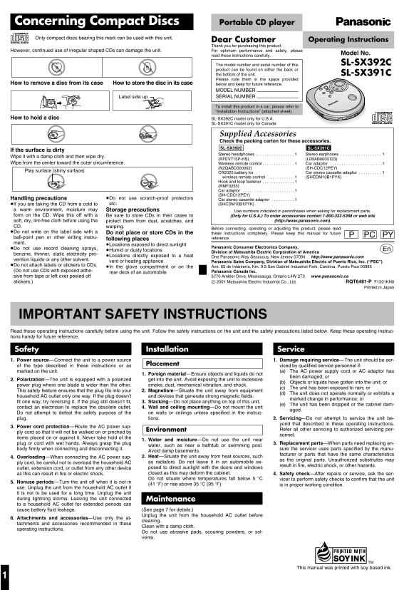 Panasonic SL-SX392C SL-SX391C User's Manual - Page 1