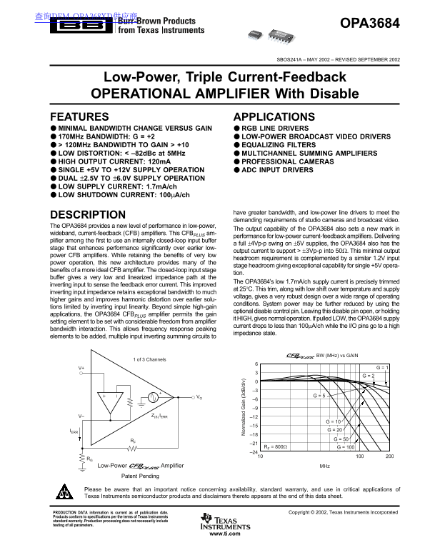 Texas Instruments OPA3684 Data Sheet - Page 1