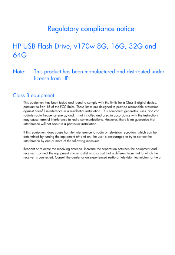 HP v170w USB Flash Drive Regulatory Notice - Page 1