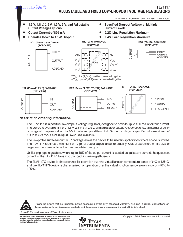 Texas Instruments TLV1117 Data Sheet - Page 1