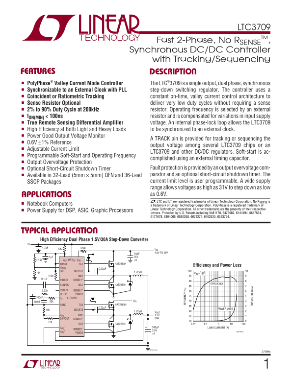 LINEAR TECHNOLOGY LTC3709 Fast 2-Phase, No RSENSE Synchronous DC DC Controller with Tracking Sequencing - Page 1