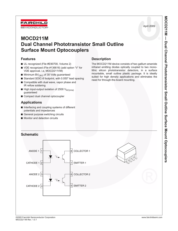 MCOD211M Fairchild Dual Channel Phototransistor Data Sheet, Small Outline Surface Mount Optocouplers User Manual - Page 1