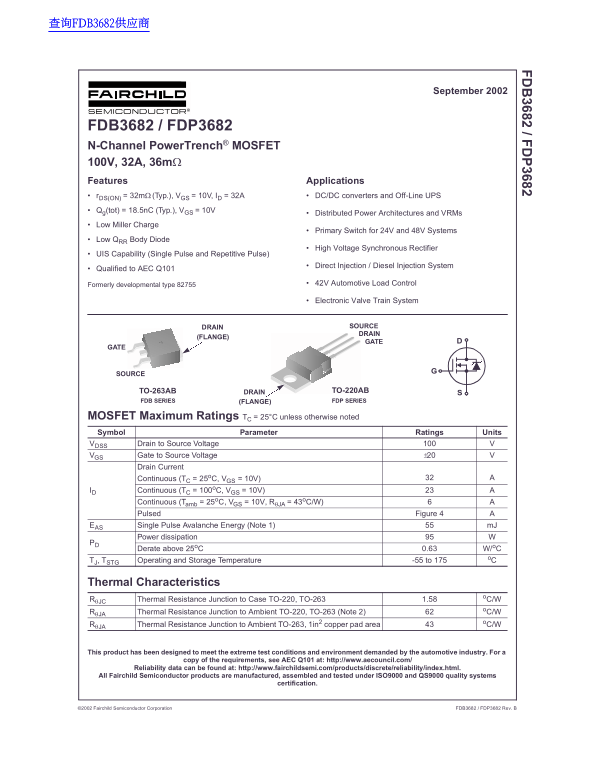 Fairchild FDB3682 FDP3682 Data Handbook - Page 1