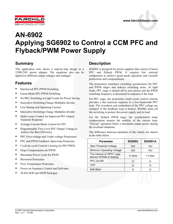 FAIRCHILD SG6902 Application for Controlling a CCM PFC and Flyback PWM Power Supply Data Manual - Page 1