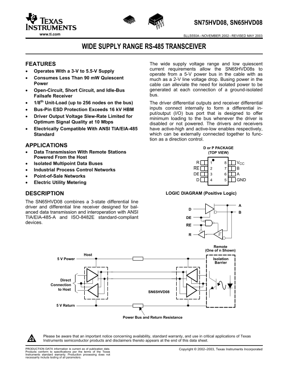Texas Instruments SN75HVD08, SN65HVD08 Wide Supply Range RS-485 Transceiver Data Sheet Owner's Manual - Page 1