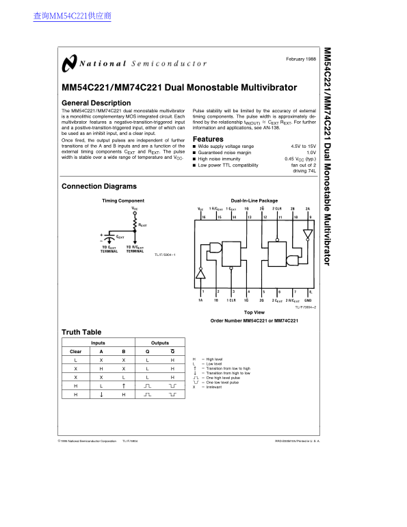 National Semiconductor MM54C221 MM74C221 Dual Monostable Multivibrator Specifications Manual - Page 1