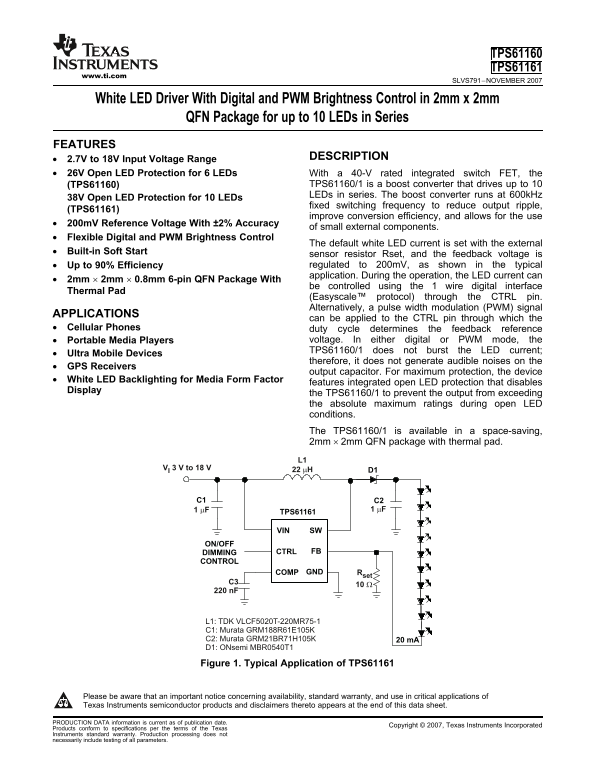 Texas Instruments TPS61161 TPS61160 Specifications and User Manual - Page 1