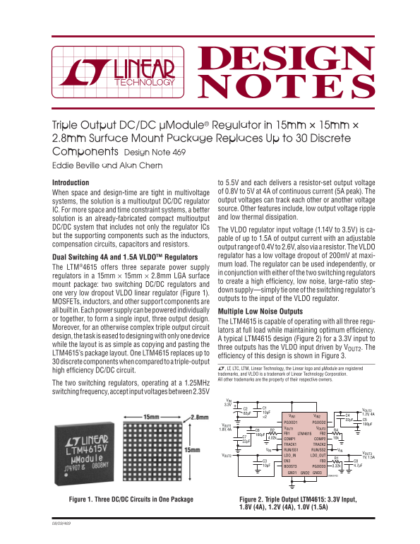 LINEAR Triple Output DC-DC µModule® Regulator in 15mm x 15mm x 2.8mm SMT Package Replaces Up to 30 Discrete Components Design Note 469 - Page 1