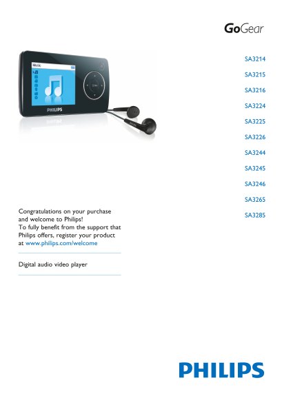 PHILIPS SA3214 SA3215 SA3216 SA3224 SA3225 SA3226 SA3244 SA3245 SA3246 SA3265 SA3285 Digital Audio Video Player Owner's Manual & User Guide - Page 1