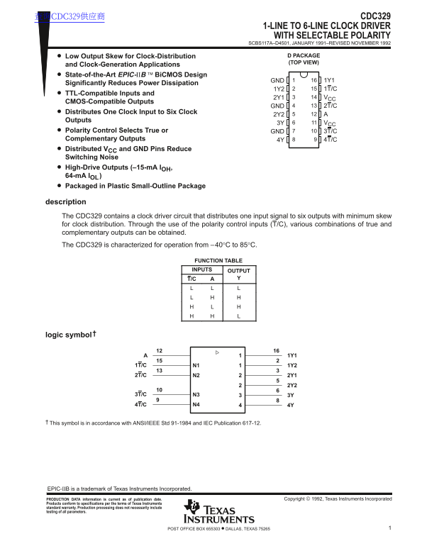 Texas Instruments CDC329 Data Sheet - Page 1