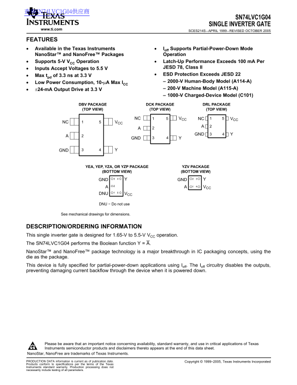 Texas Instruments SN74LVC1G04 Single Inverter Gate Data Sheet - Page 1