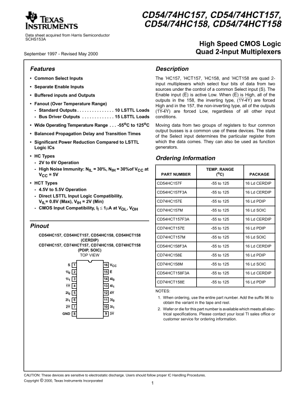 Texas Instruments CD54 74HC157, 74HCT157, 74HC158, 74HCT158 Data Sheet Manual - Page 1