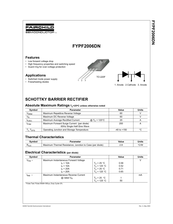 Fairchild FYPDNP FYPF2006DN Schottky Barrier Rectifier Data Handbook - Page 1