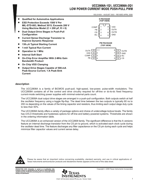 Texas Instruments UCC2808A-1Q1, UCC2808A-2Q1 Data Handbook - Page 1