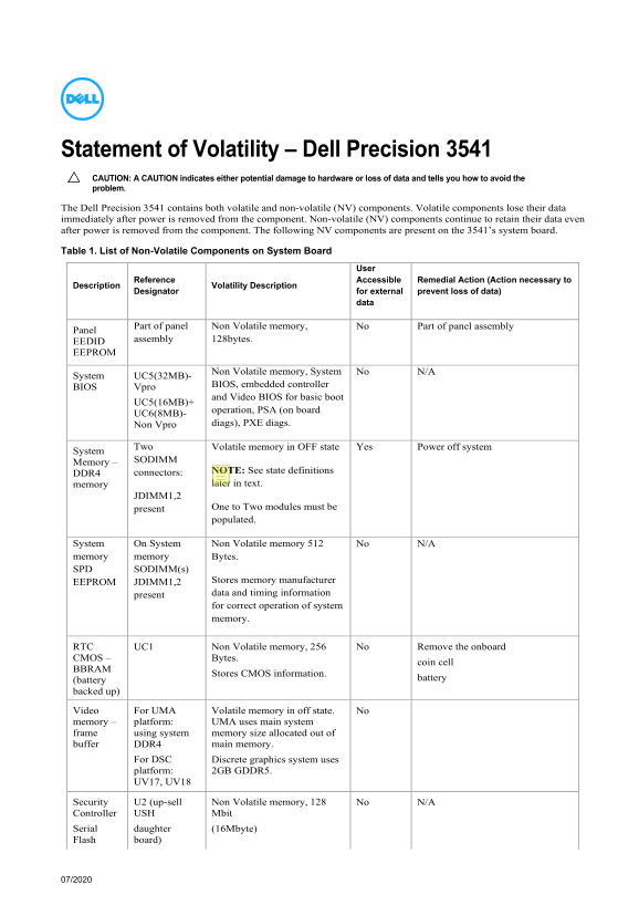 Dell Precision 3541 - Statement of Volatility - Page 1