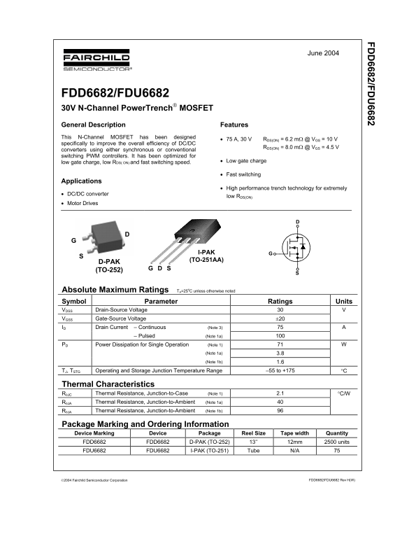 Fairchild FDD6682 FDU6682 30V N-Channel PowerTrenchH MOSFET Data Handbook - Page 1
