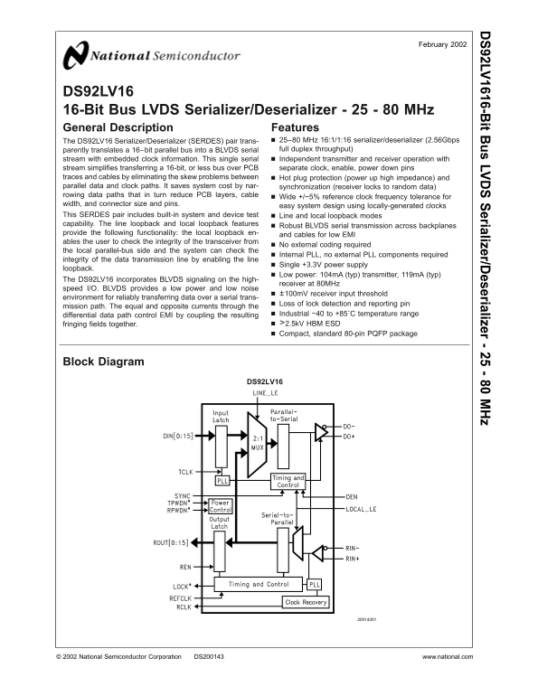 National Semiconductor DS92LV16 datasheet user manual - Page 1