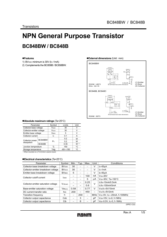 ROHM BC848BW BC848B Product Specifications and User Guide - Page 1