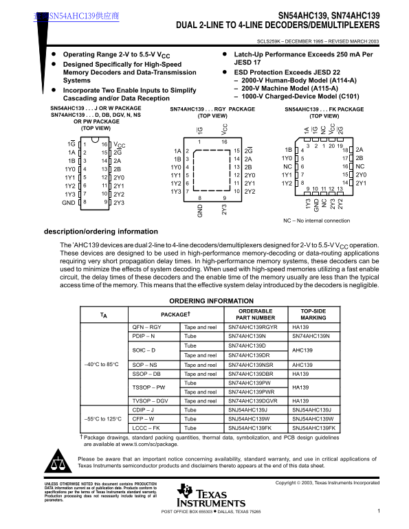 Texas Instruments SN54AHC139, SN74AHC139 Dual 2-Line to 4-Line Decoders/Demultiplexers Data Manual/Owner's Manual - Page 1