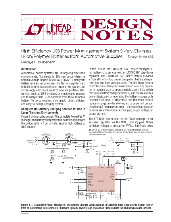 LINEAR High Efficiency USB Power Management System Safely Charges Li-Ion Polymer Batteries from Automotive Supplies Data Manual Safety Notes Design Note 464 - Page 1