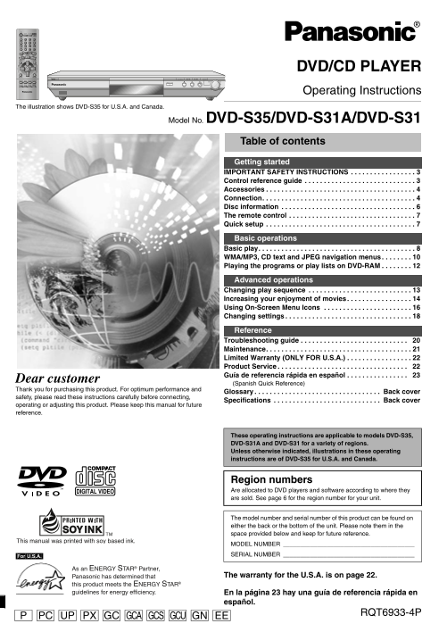 Panasonic DVD-S35 S31A S31 User's Manual - Page 1
