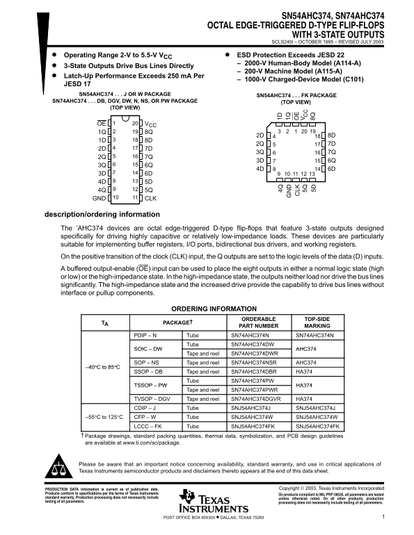 Texas Instruments SN54AHC374, SN74AHC374 Octal Edge-Triggered D-Type Flip-Flops with 3-State Outputs - Data Manual/Specifications User Guide - Page 1