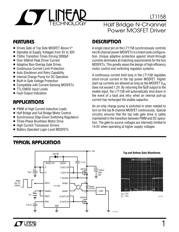 LINEAR TECHNOLOGY - LT1158 Data Sheet - Page 1