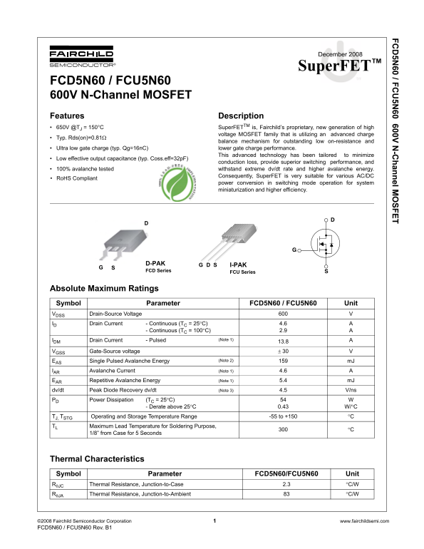 Fairchild FCD5N60 FCU5N60 User Manual - Page 1