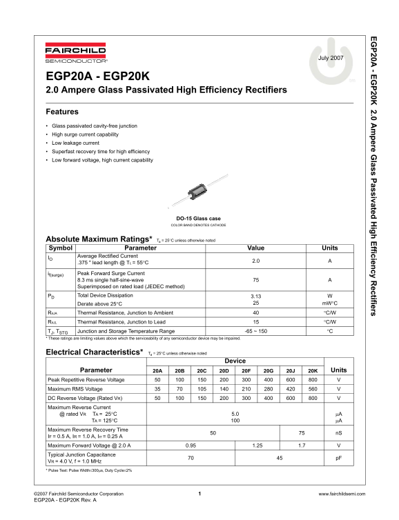 Texas Instruments EGP20A - EGP20K 2.0 Ampere Glass Passivated High Efficiency Rectifiers Data Sheet - Page 1