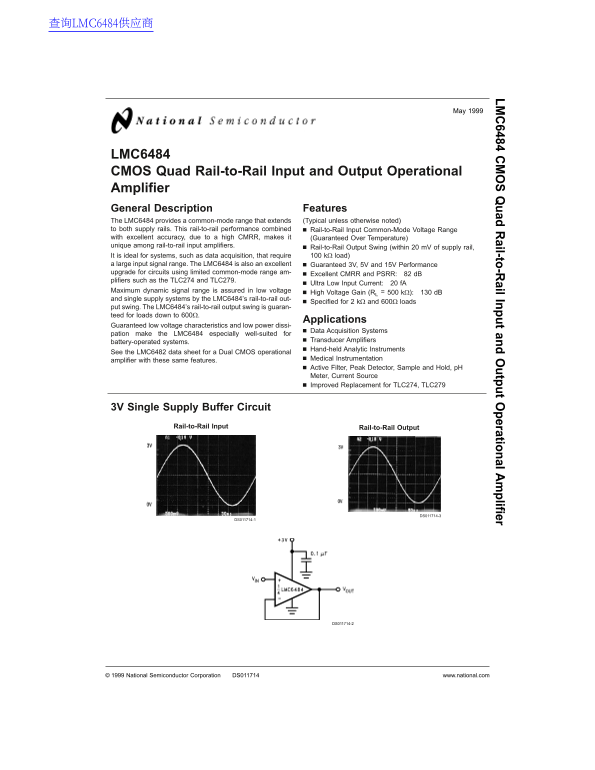 National Semiconductor LMC6484 CMOS Quad Rail-to-Rail Input and Output Operational Amplifier Data Manual - Page 1